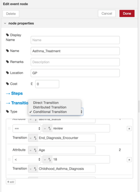 Screenshot of the “Edit event node” form in the Node-RED pathway editor